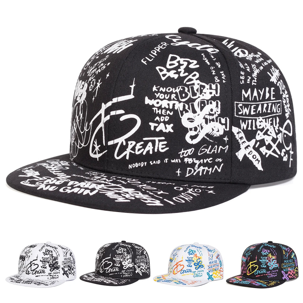 Unisex Black and White Letter Graffiti Printing Hip-Hop Hats Spring Autumn Outdoor Adjustable Casual Baseball Caps Sunscreen Hat