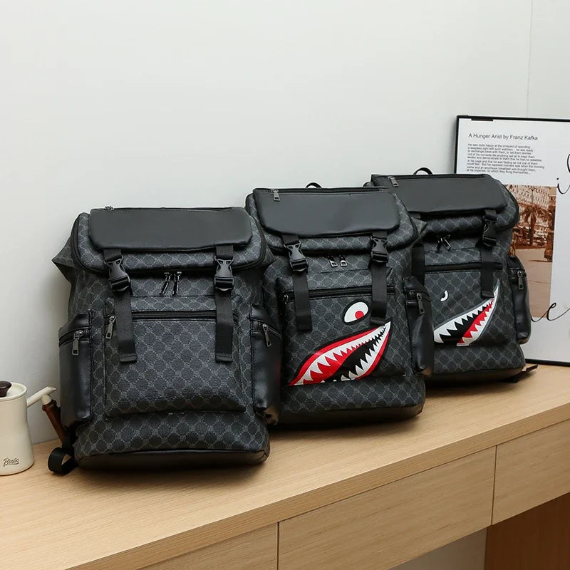 New PU Leather Backpack with Shark-Inspired Design for Students and Travelers Mochilas De Hombre Messenger Bag